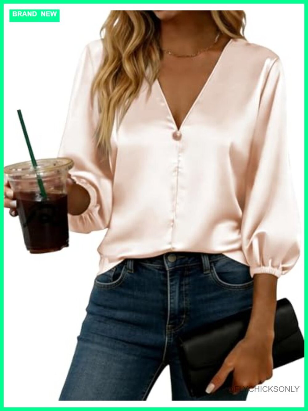 Satin Blouse 3/4 Sleeve V Neck Business Work Top